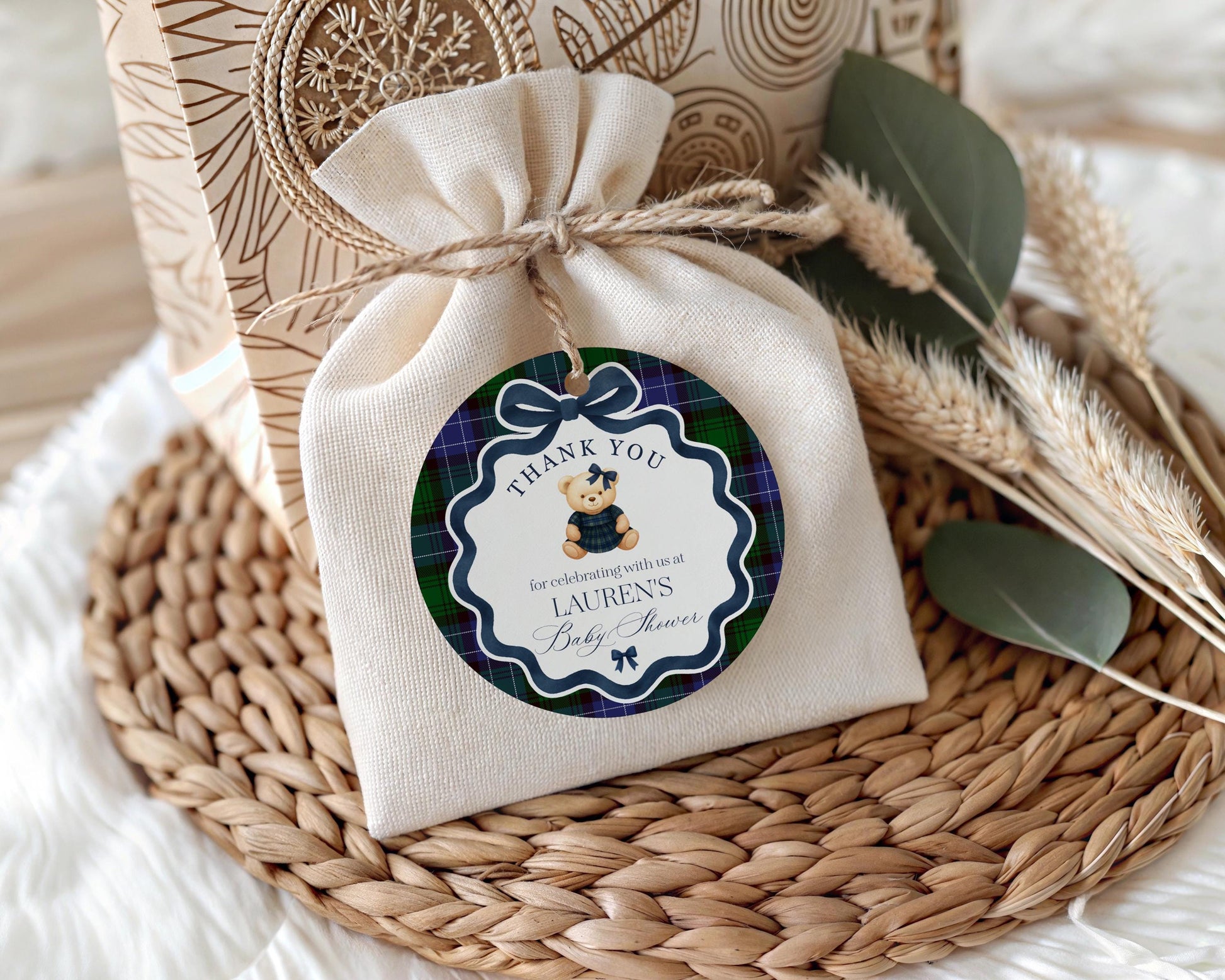 Preppy Bear Girl Birthday Party Favor Tags Template, Beary First Birthday Old Money Teddy Bear Party, Tartan Plaid Coquette Bow WP1080