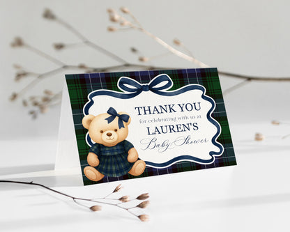 Preppy Girl Bear Thank You Card Template, We Can Bearly Wait Old Money Baby Shower, Beary First Birthday Tartan Plaid Coquette Bow WP1080