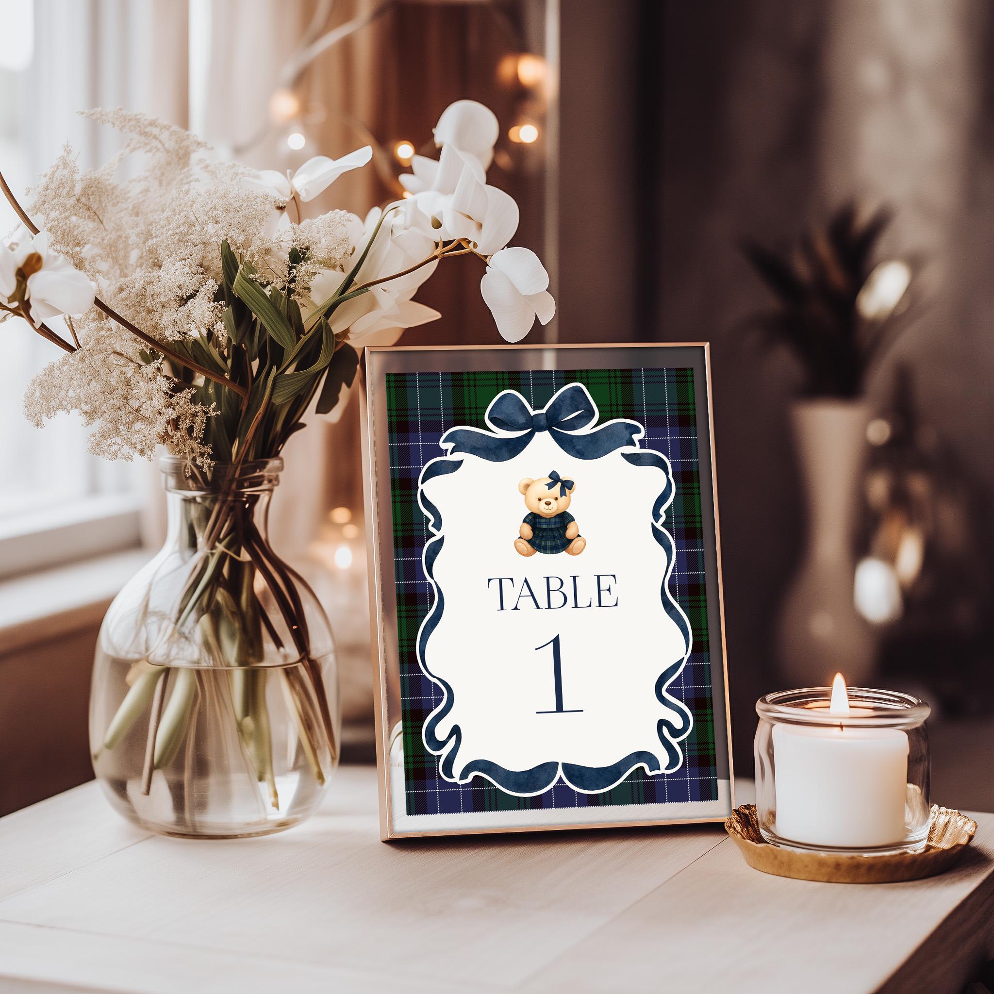 Preppy Girl Bear Table Number Cards Template, We Can Bearly Wait Old Money Baby Shower, Beary 1st Birthday Tartan Plaid Coquette Bow WP1080