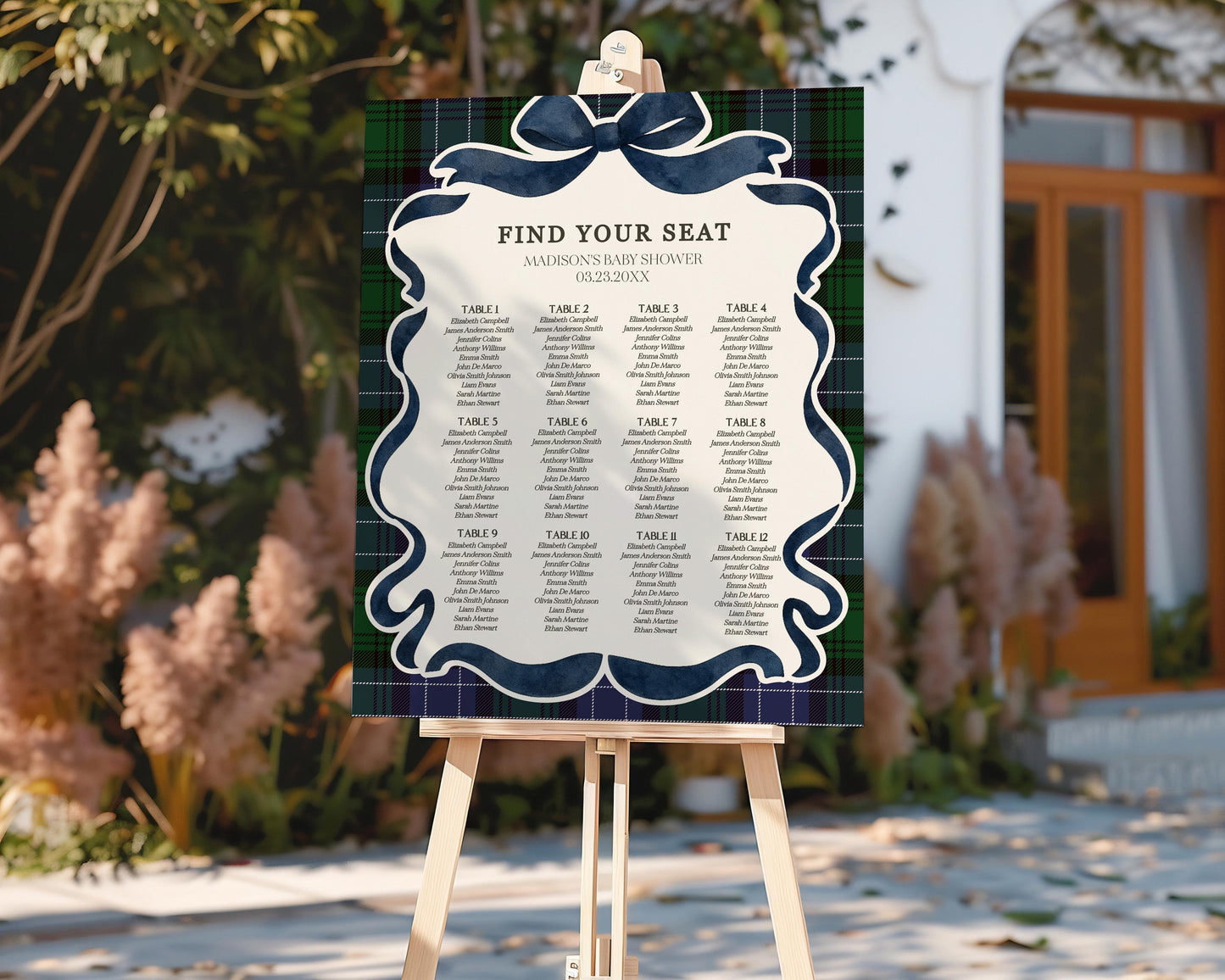 Preppy Girl Bear Seating Chart Cards Template, We Can Bearly Wait Old Money Baby Shower, Beary 1st Birthday Plaid Coquette Bow WP1080