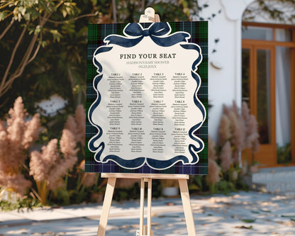 Preppy Girl Bear Seating Chart Cards Template, We Can Bearly Wait Old Money Baby Shower, Beary 1st Birthday Plaid Coquette Bow WP1080