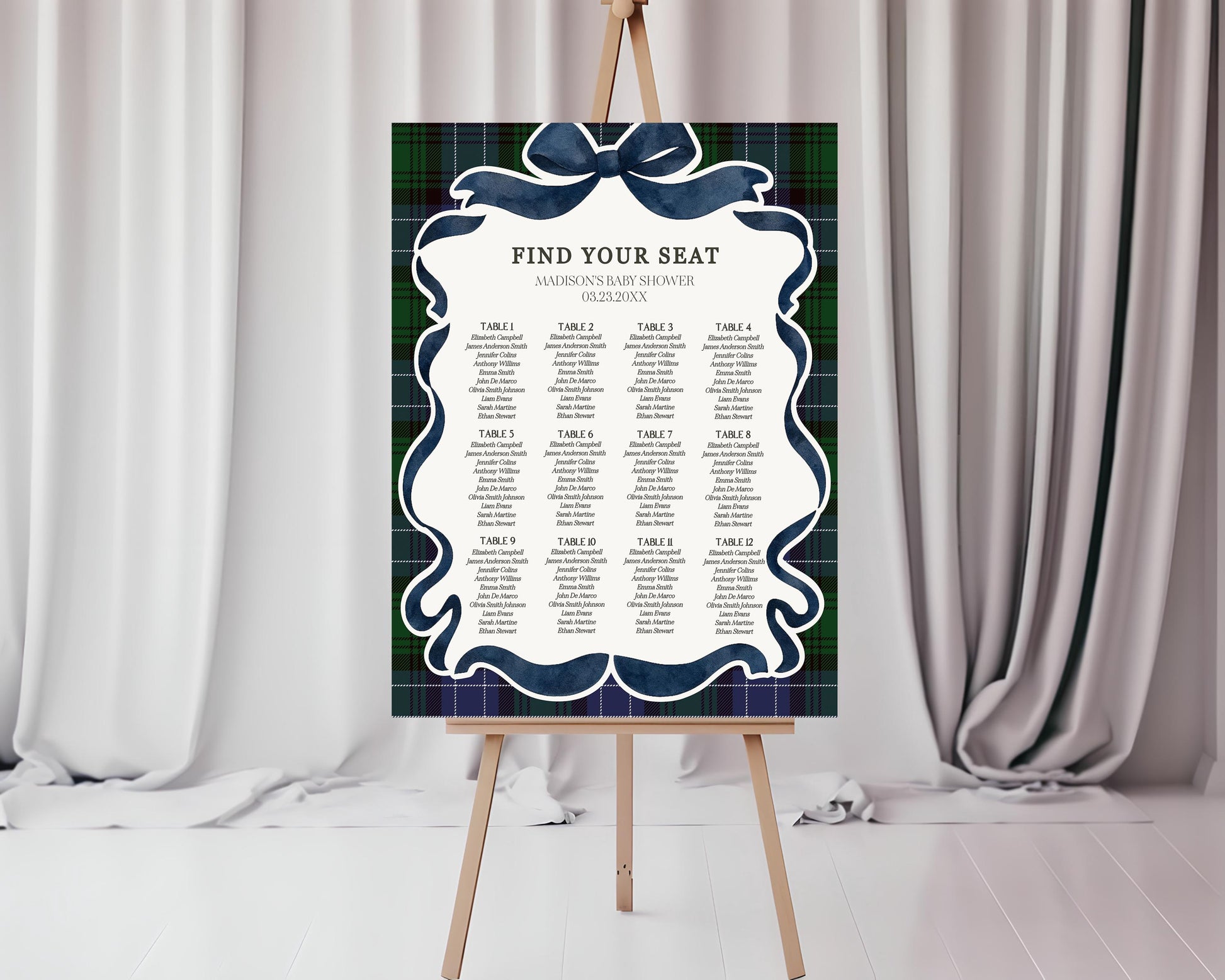 Preppy Girl Bear Seating Chart Cards Template, We Can Bearly Wait Old Money Baby Shower, Beary 1st Birthday Plaid Coquette Bow WP1080