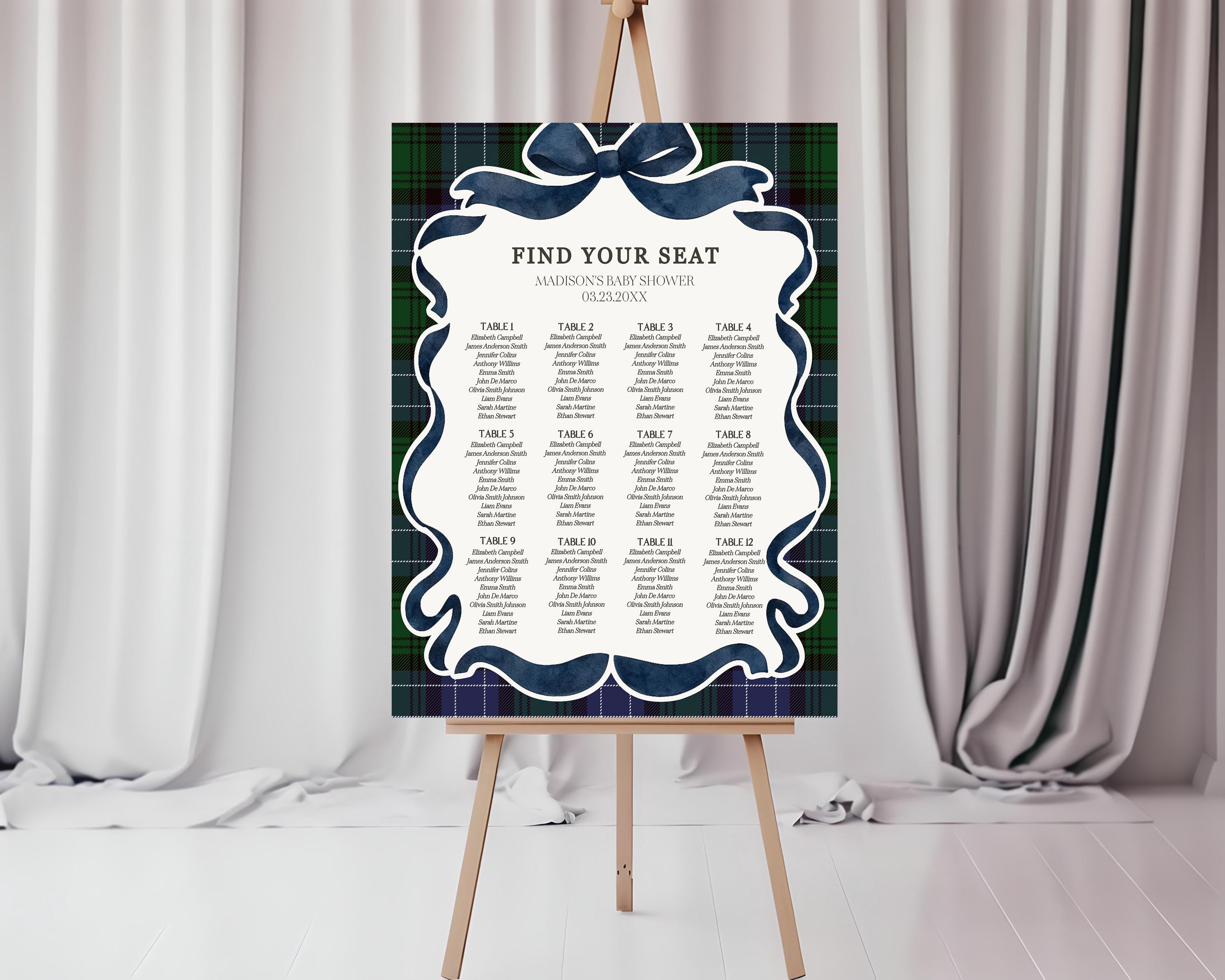 Preppy Girl Bear Seating Chart Poster Template, We Can Bearly Wait Old Money Baby Shower, Beary 1st Birthday Plaid Coquette Bow WP1080