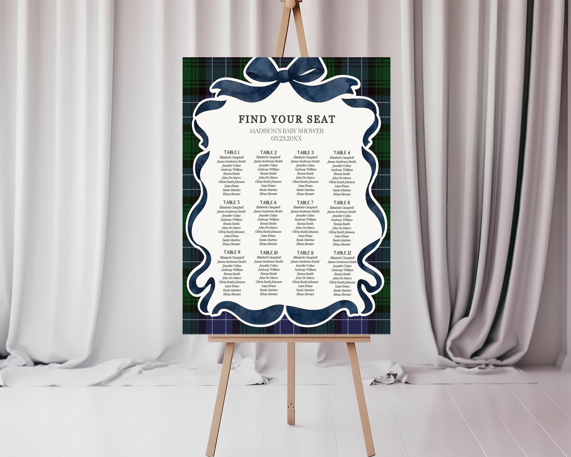 Preppy Girl Bear Seating Chart Poster Template, We Can Bearly Wait Old Money Baby Shower, Beary 1st Birthday Plaid Coquette Bow WP1080