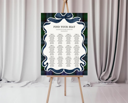 Preppy Girl Bear Seating Chart Poster Template, We Can Bearly Wait Old Money Baby Shower, Beary 1st Birthday Plaid Coquette Bow WP1080