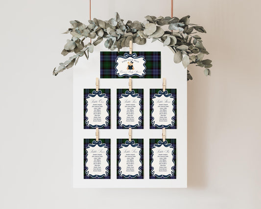 Preppy Girl Bear Seating Chart Cards Template, We Can Bearly Wait Old Money Baby Shower, Beary 1st Birthday Plaid Coquette Bow WP1080