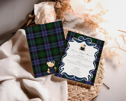 Preppy Girl Bear Menu Template, We Can Bearly Wait Old Money Baby Shower, Beary First Birthday Tartan Plaid Coquette Bow Party WP1080