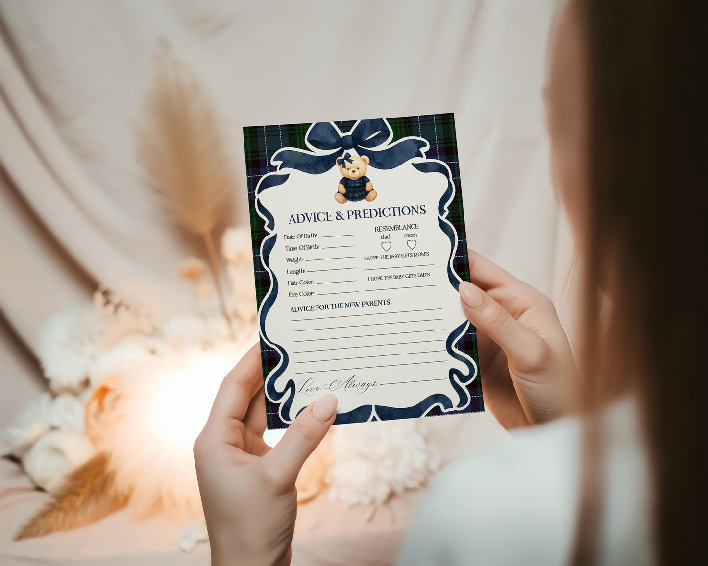 Preppy Girl Bear Advice for Baby Cards Template, We Can Bearly Wait Old Money Baby Sprinkle, Tartan Plaid Coquette Bow Nesting Party WP1080