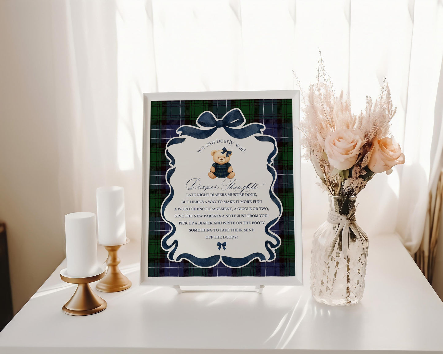 Preppy Bear Girl Baby Shower Diaper Thoughts Sign Template, We Can Bearly Wait Old Money Baby Sprinkle, Tartan Plaid Coquette Bow WP1080