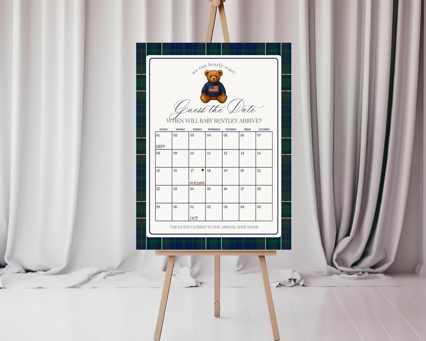 Preppy Bear Baby Shower Guess the Date Game Template, We Can Bearly Wait Old Money Baby Sprinkle, Tartan Plaid Nesting Party WP1079
