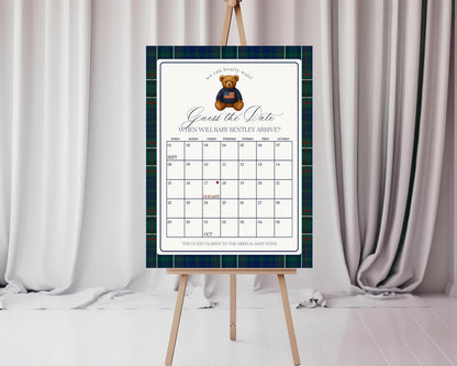 Preppy Bear Baby Shower Guess the Date Game Template, We Can Bearly Wait Old Money Baby Sprinkle, Tartan Plaid Nesting Party WP1079