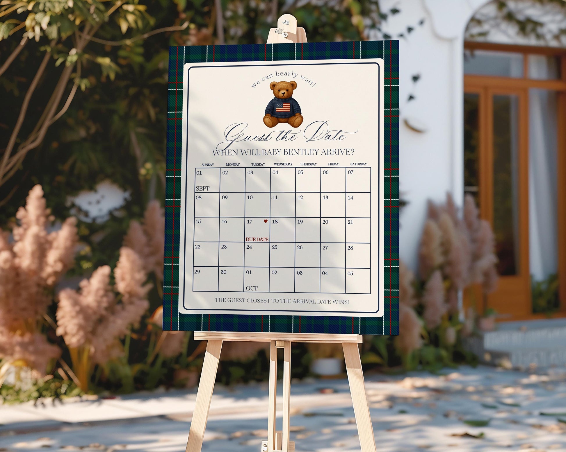 Preppy Bear Baby Shower Guess the Date Game Template, We Can Bearly Wait Old Money Baby Sprinkle, Tartan Plaid Nesting Party WP1079