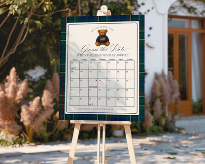Preppy Bear Baby Shower Guess the Date Game Template, We Can Bearly Wait Old Money Baby Sprinkle, Tartan Plaid Nesting Party WP1079