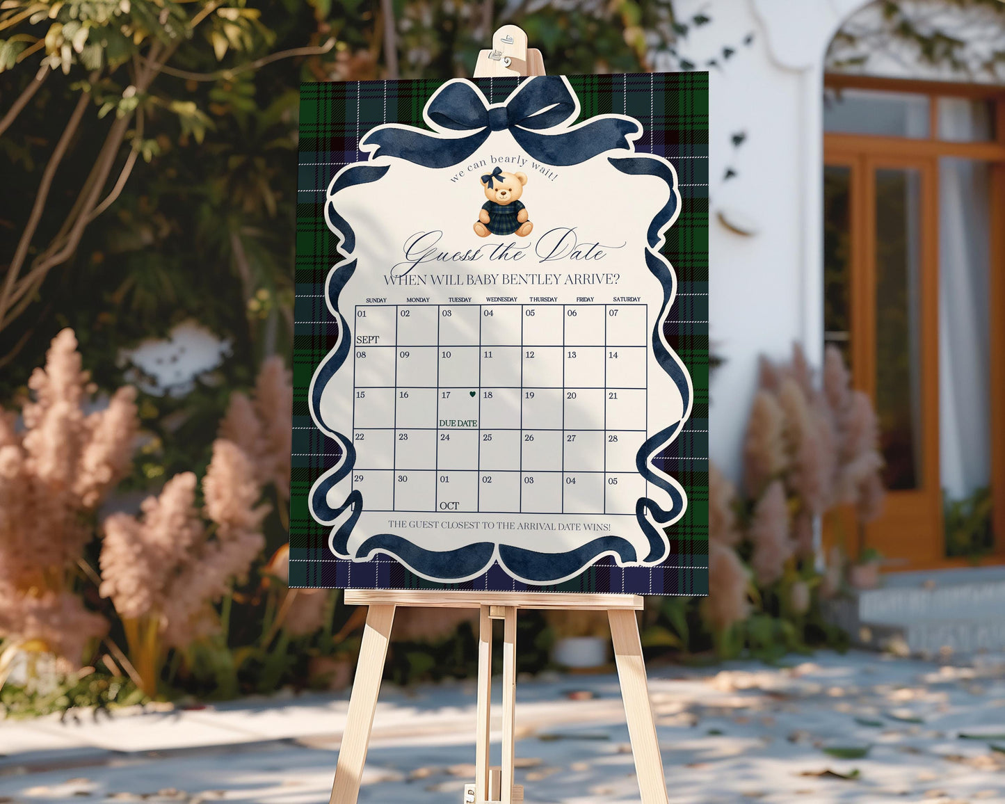 Preppy Bear Girl Baby Shower Guess the Date Game Template, We Can Bearly Wait Old Money Baby Sprinkle, Tartan Plaid Coquette Bow WP1080