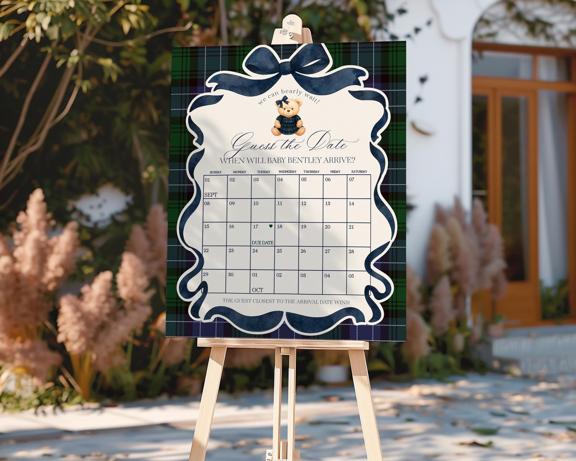 Preppy Bear Girl Baby Shower Guess the Date Game Template, We Can Bearly Wait Old Money Baby Sprinkle, Tartan Plaid Coquette Bow WP1080