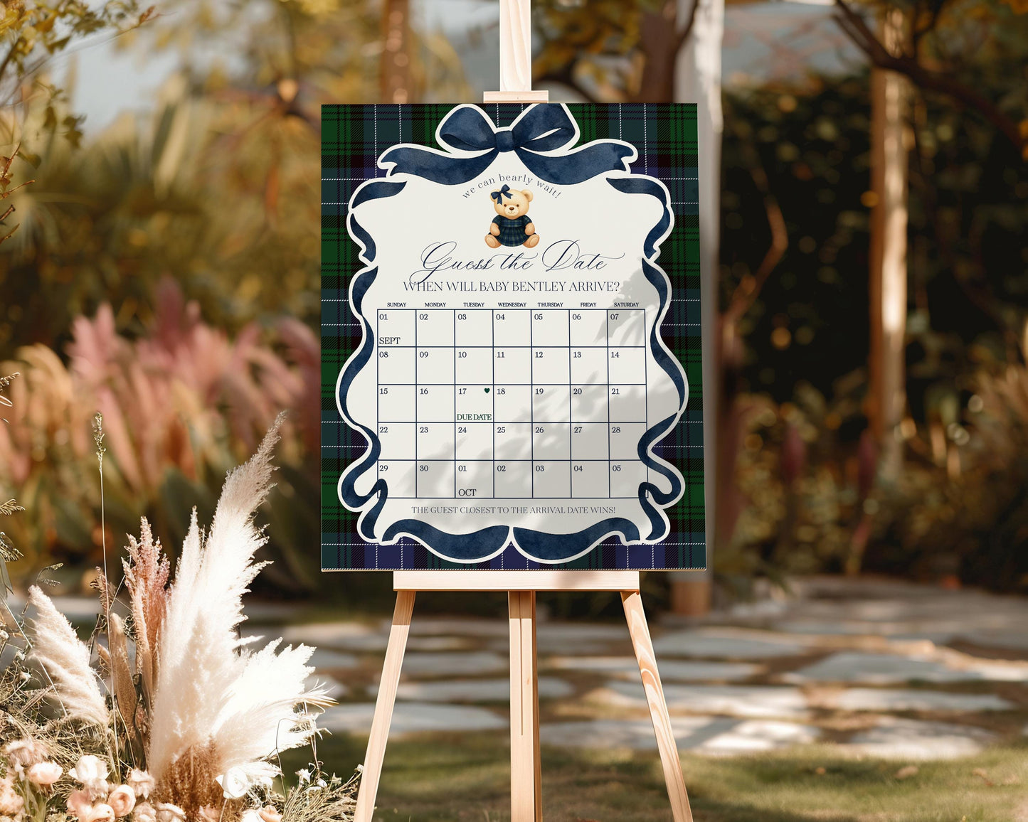 Preppy Bear Girl Baby Shower Guess the Date Game Template, We Can Bearly Wait Old Money Baby Sprinkle, Tartan Plaid Coquette Bow WP1080