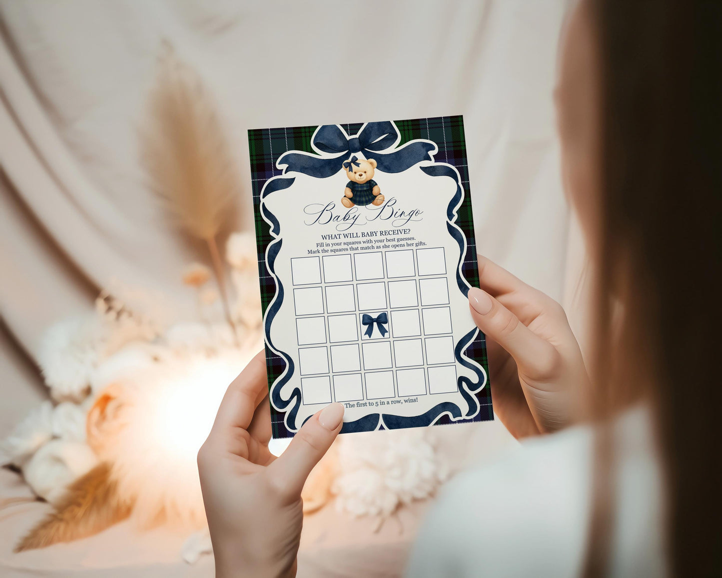 Preppy Bear Girl Baby Shower Games Template, We Can Bearly Wait Old Money Baby Sprinkle, Tartan Plaid Coquette Bow Nesting Party WP1080