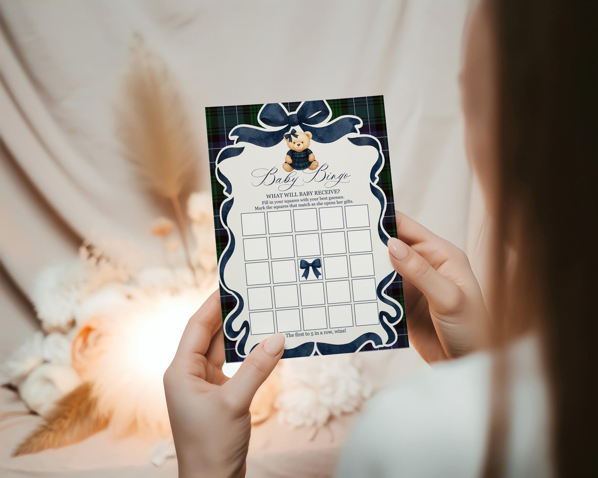 Preppy Bear Girl Baby Shower Games Template, We Can Bearly Wait Old Money Baby Sprinkle, Tartan Plaid Coquette Bow Nesting Party WP1080