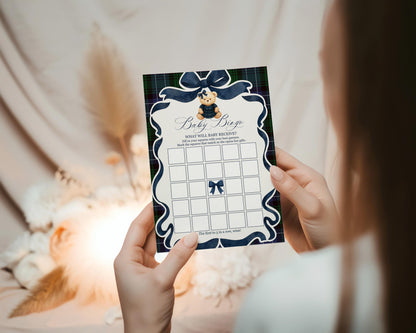 Preppy Bear Girl Baby Shower Games Template, We Can Bearly Wait Old Money Baby Sprinkle, Tartan Plaid Coquette Bow Nesting Party WP1080