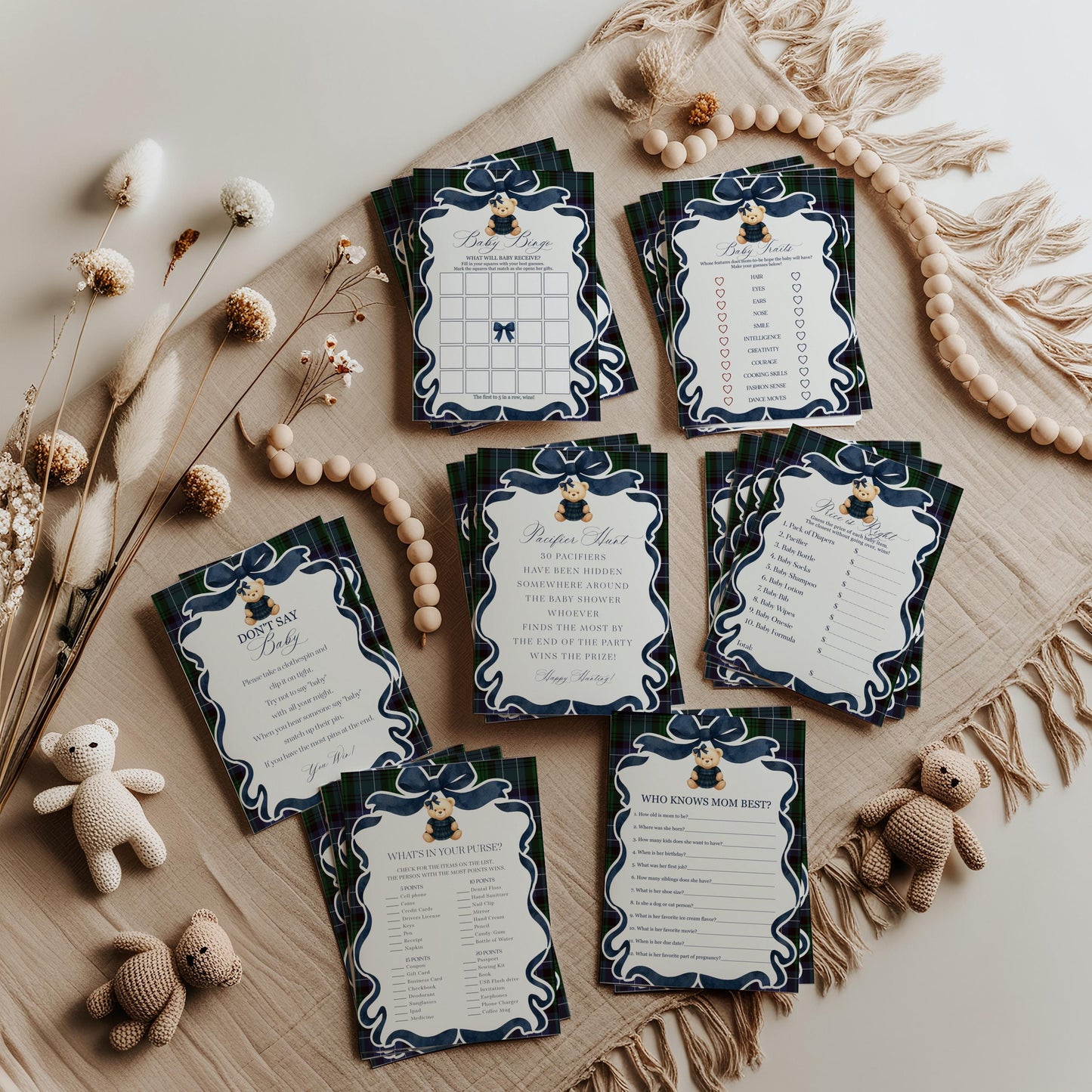 Preppy Bear Girl Baby Shower Games Template, We Can Bearly Wait Old Money Baby Sprinkle, Tartan Plaid Coquette Bow Nesting Party WP1080