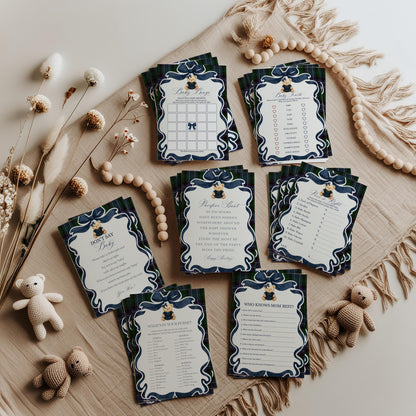 Preppy Bear Girl Baby Shower Games Template, We Can Bearly Wait Old Money Baby Sprinkle, Tartan Plaid Coquette Bow Nesting Party WP1080