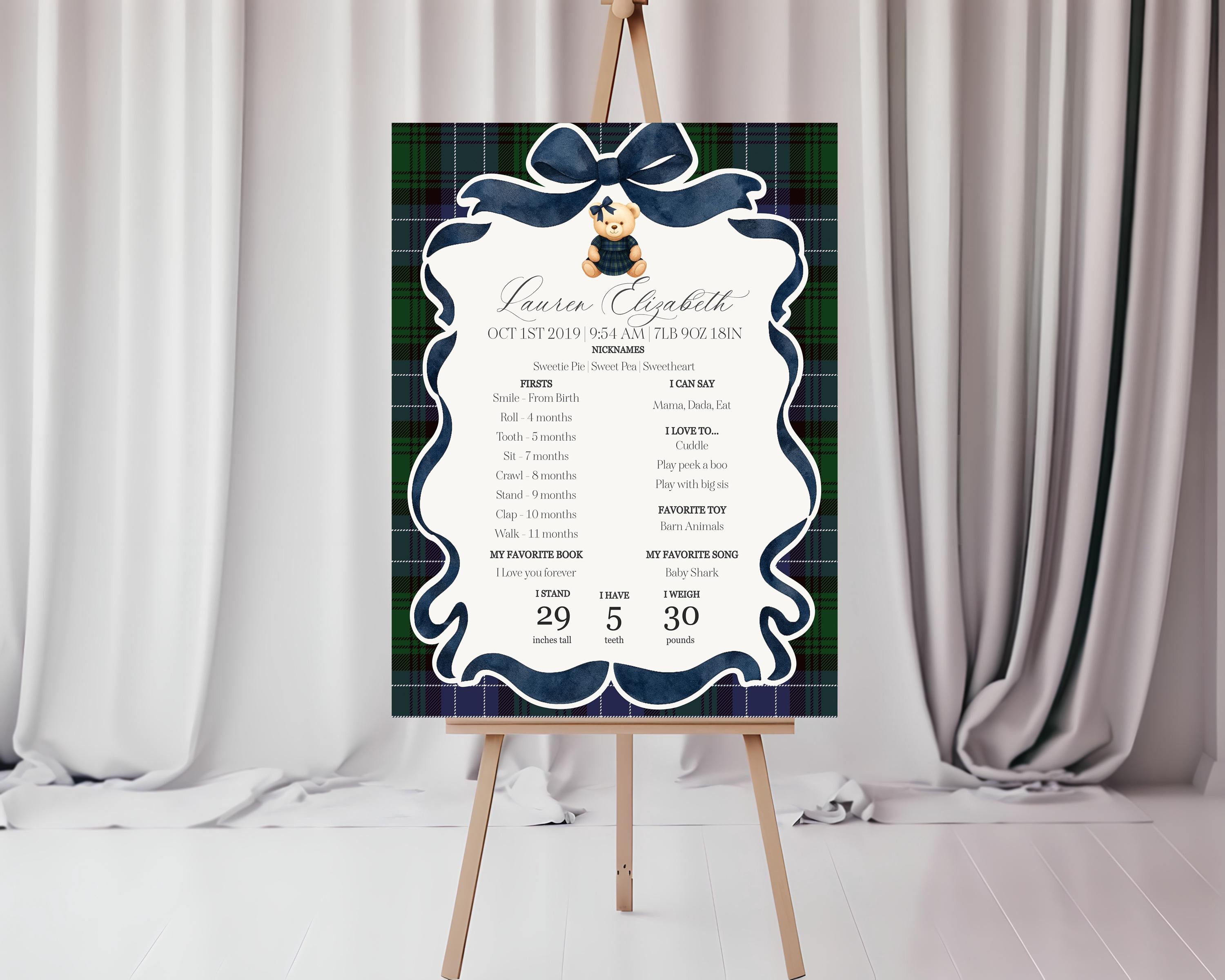 Preppy Bear Girl First Year Milestone Sign Printable Template, Beary First Birthday Decor, Old Money Party, Tartan Plaid Coquette Bow WP1080