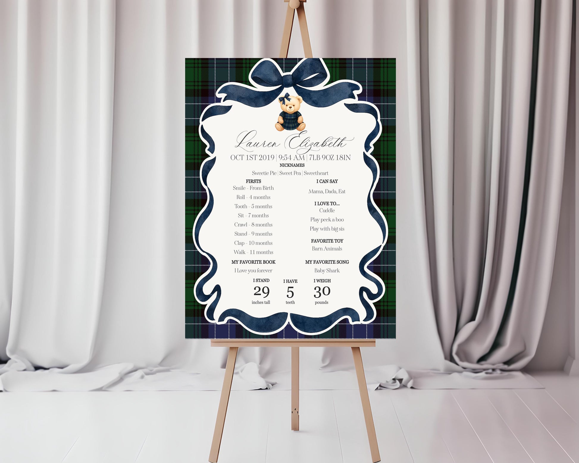 Preppy Bear Girl First Year Milestone Sign Printable Template, Beary First Birthday Decor, Old Money Party, Tartan Plaid Coquette Bow WP1080