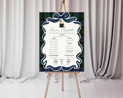 Preppy Bear Girl First Year Milestone Sign Printable Template, Beary First Birthday Decor, Old Money Party, Tartan Plaid Coquette Bow WP1080