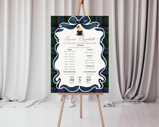 Preppy Bear Girl First Year Milestone Sign Printable Template, Beary First Birthday Decor, Old Money Party, Tartan Plaid Coquette Bow WP1080