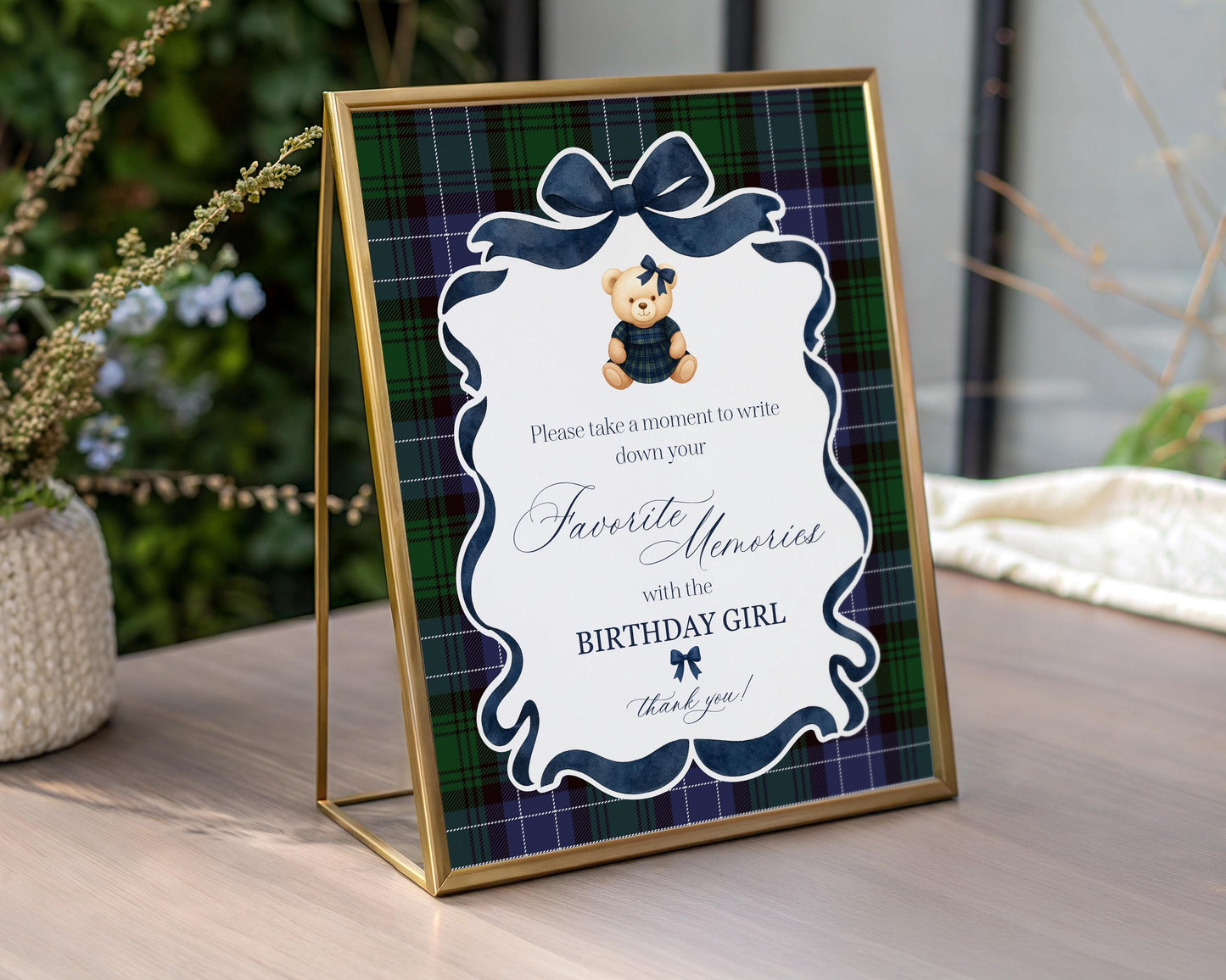 Preppy Girl Bear Favorite Memories Birthday Template, Old Money Teddy Bear Birthday Party, Tartan Plaid Coquette Bow Party Decoration WP1080