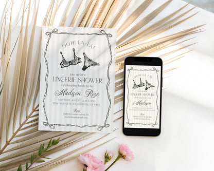 Black Lingerie Shower Invitation Template, Lace Panty Party Bachelorette, Oh la la French Theme Bridal Shower, Spoil Her Hen Party WP1074