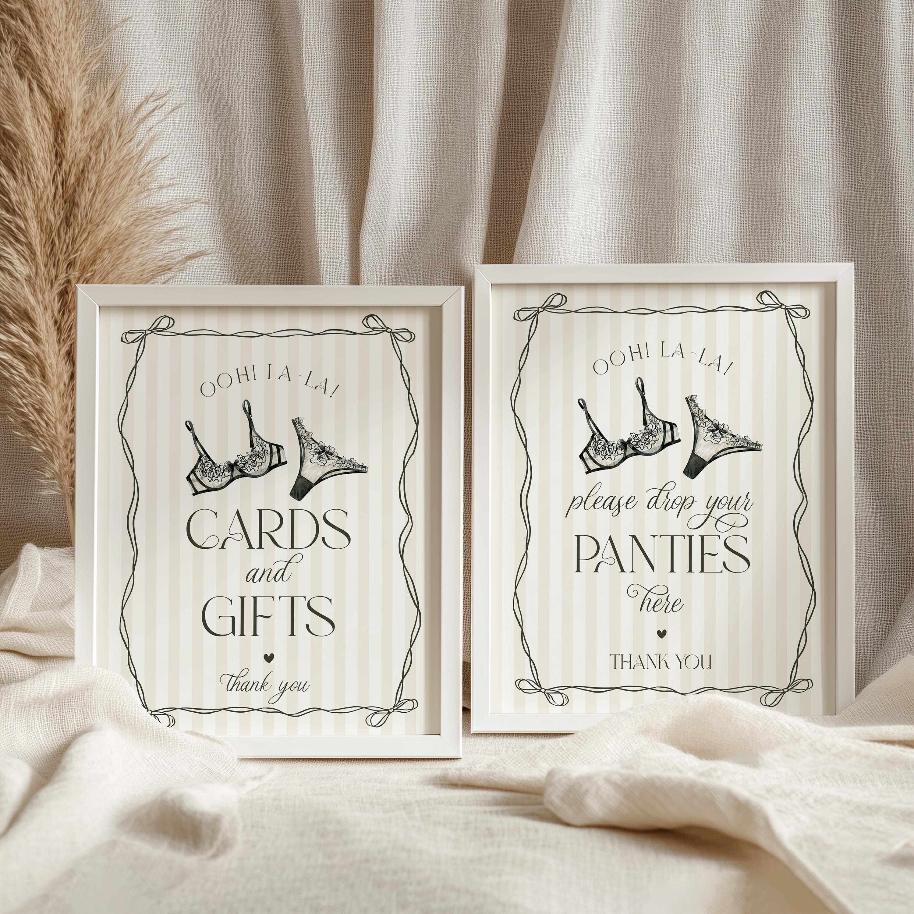 Black Lingerie Shower Cards & Gifts Favors Sign Template, Lace Panty Party Bachelorette Party, Oh la la French Theme Bridal Shower WP1074
