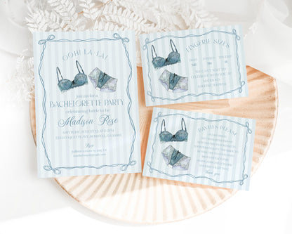 Blue Lingerie Bachelorette Bundle Template, Something Blue Lace Panty Party Lingerie Shower, Oh la la French Bridal Shower WP1075