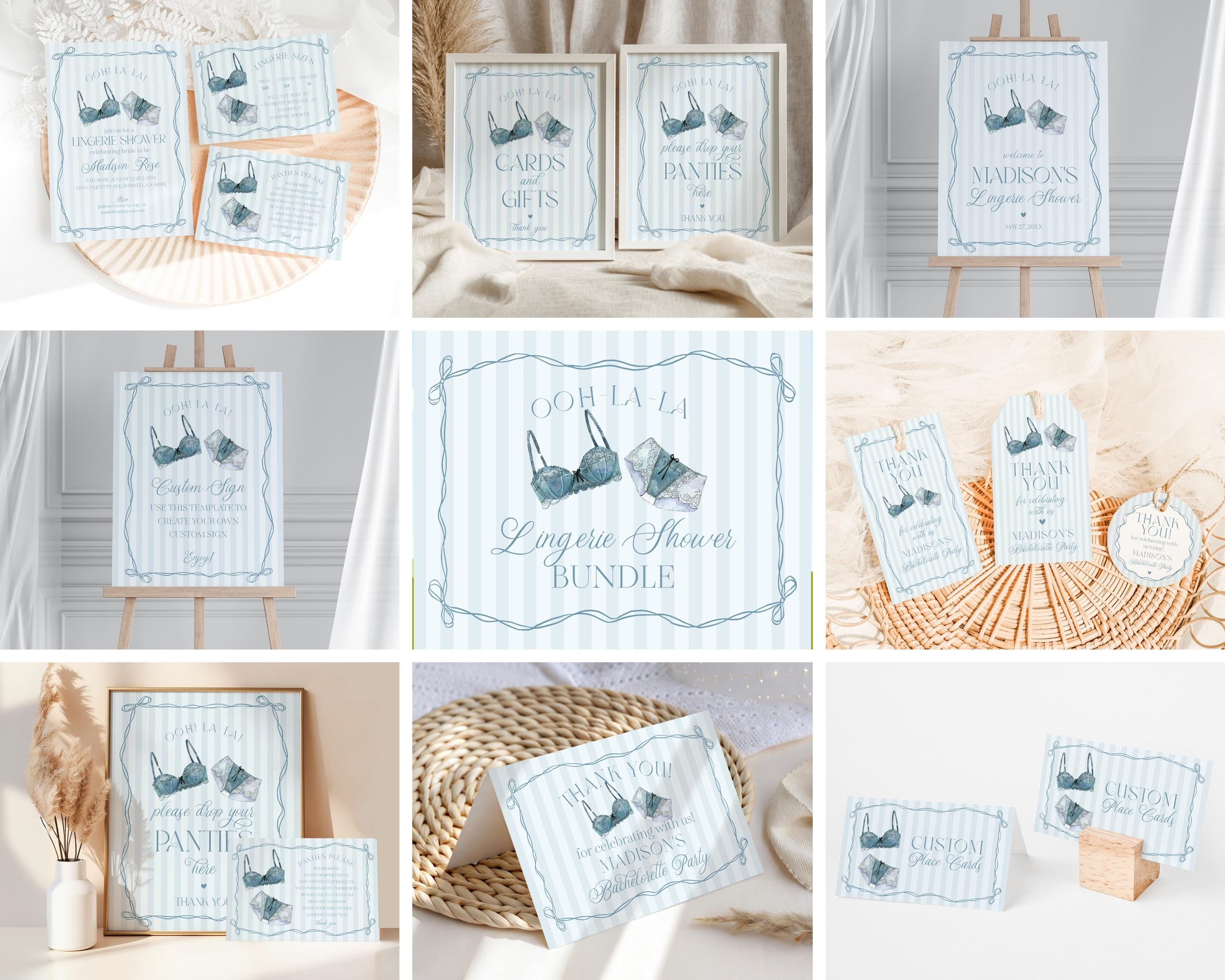 Blue Lingerie Shower Bundle Template, Something Blue Lace Panty Party Bachelorette Party, Oh la la French Bridal Shower WP1075