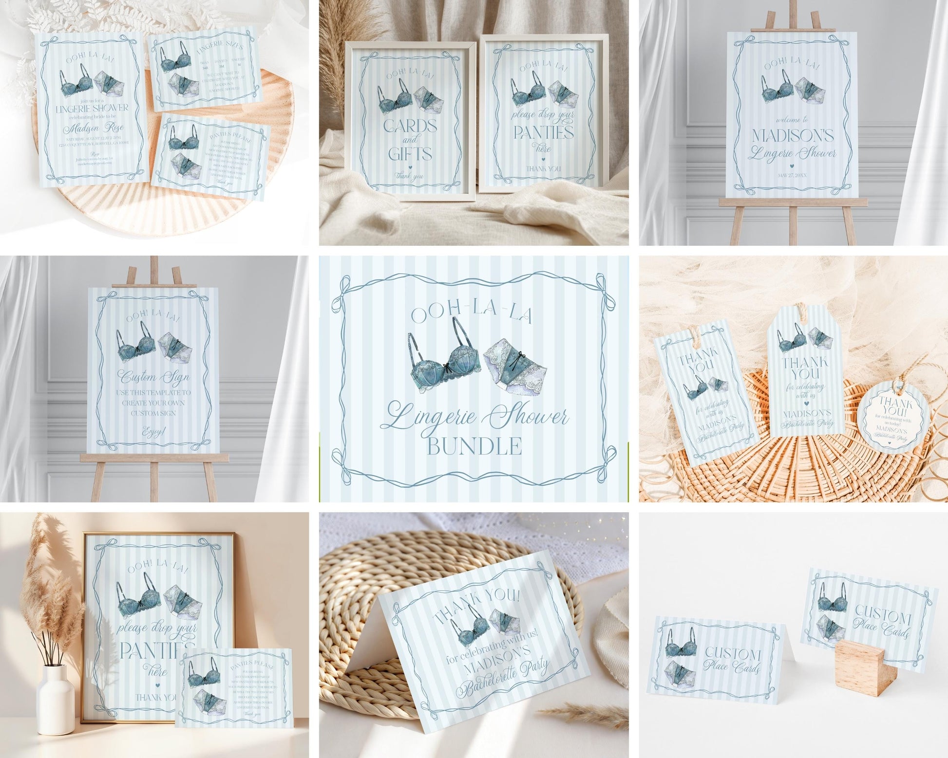 Blue Lingerie Shower Bundle Template, Something Blue Lace Panty Party Bachelorette Party, Oh la la French Bridal Shower WP1075