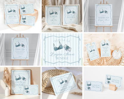 Blue Lingerie Shower Bundle Template, Something Blue Lace Panty Party Bachelorette Party, Oh la la French Bridal Shower WP1075