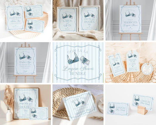 Blue Lingerie Shower Bundle Template, Something Blue Lace Panty Party Bachelorette Party, Oh la la French Bridal Shower WP1075