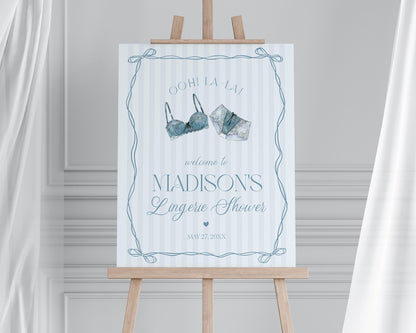 Blue Lingerie Shower Welcome Sign Template, Something Blue Lace Panty Party Bachelorette Party, Oh la la French Bridal Shower WP1075