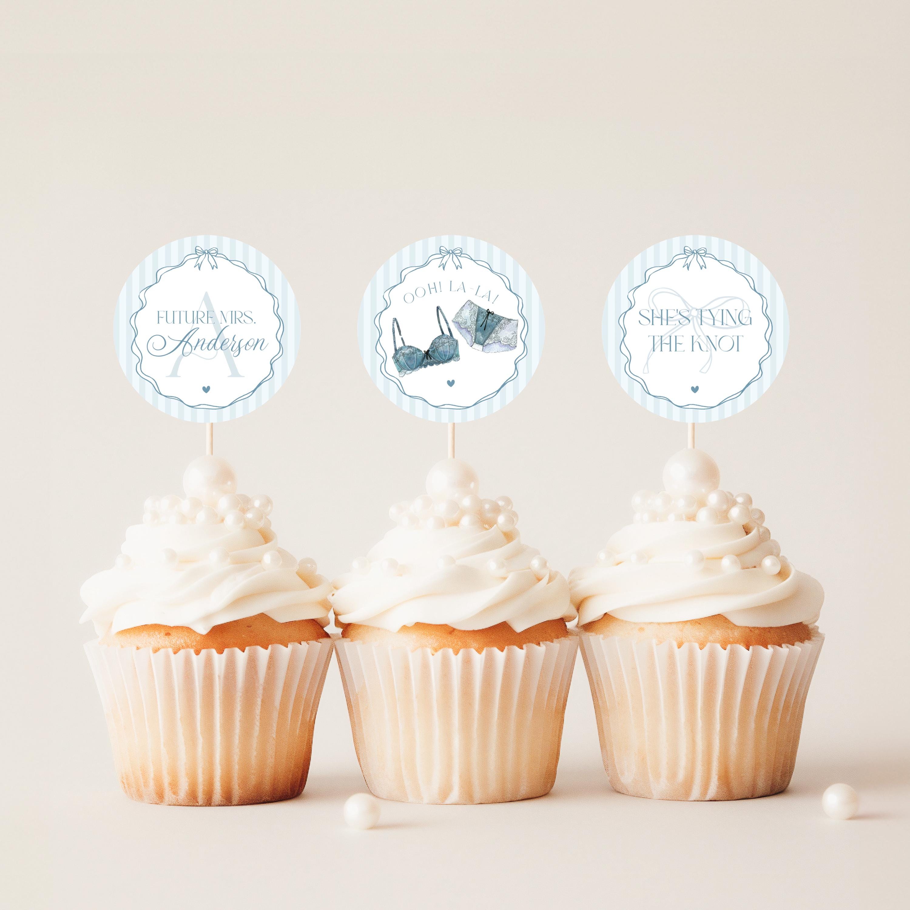 Blue Lingerie Shower Cupcake Topper Template, Something Blue Lace Panty Party Bachelorette Party, Oh la la French Bridal Shower WP1075