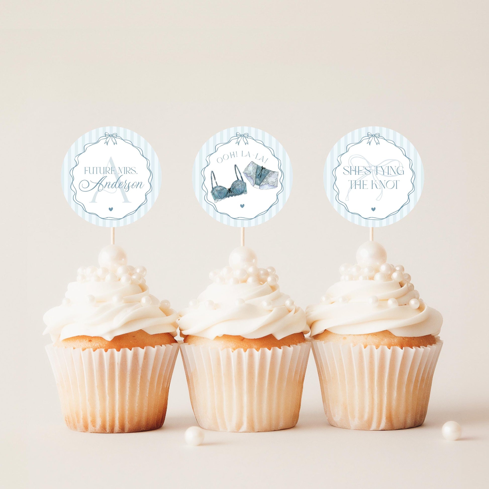 Blue Lingerie Shower Cupcake Topper Template, Something Blue Lace Panty Party Bachelorette Party, Oh la la French Bridal Shower WP1075