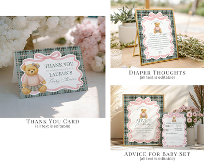 Pink Coquette Bear Girl Baby Shower Bundle Printable Template, We Can Bearly Wait Old Money Baby Sprinkle, Tartan Plaid Coquette Bow WP1081