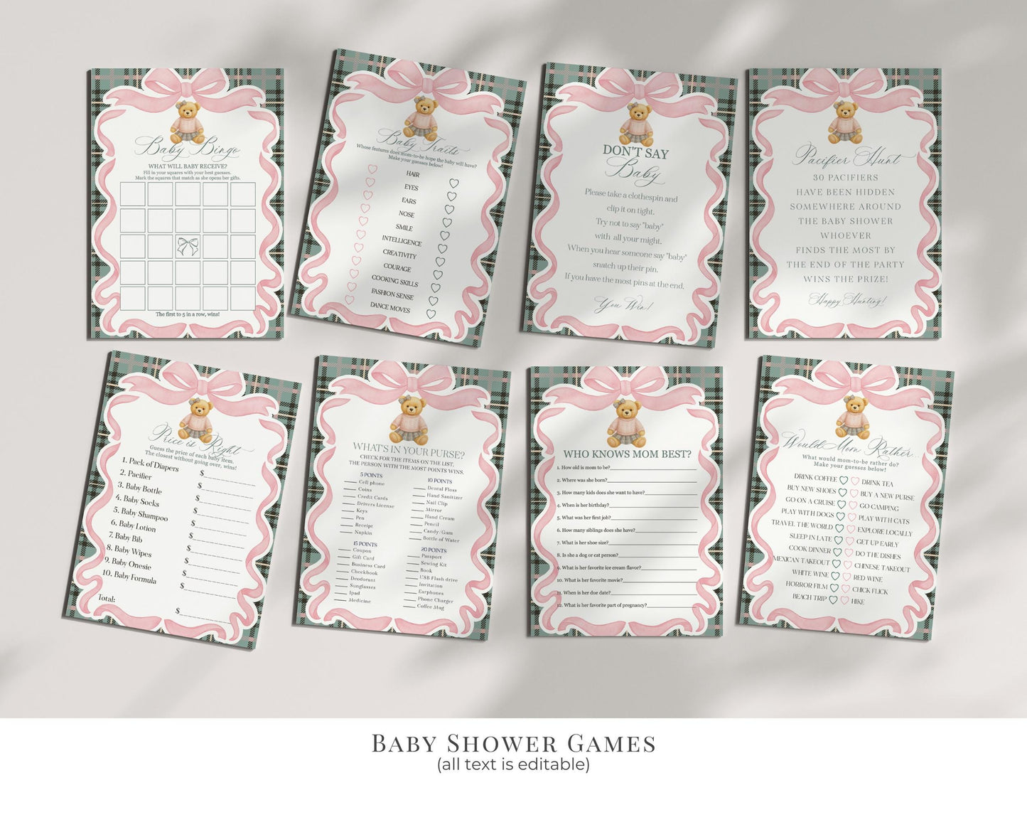 Pink Coquette Bear Girl Baby Shower Bundle Printable Template, We Can Bearly Wait Old Money Baby Sprinkle, Tartan Plaid Coquette Bow WP1081