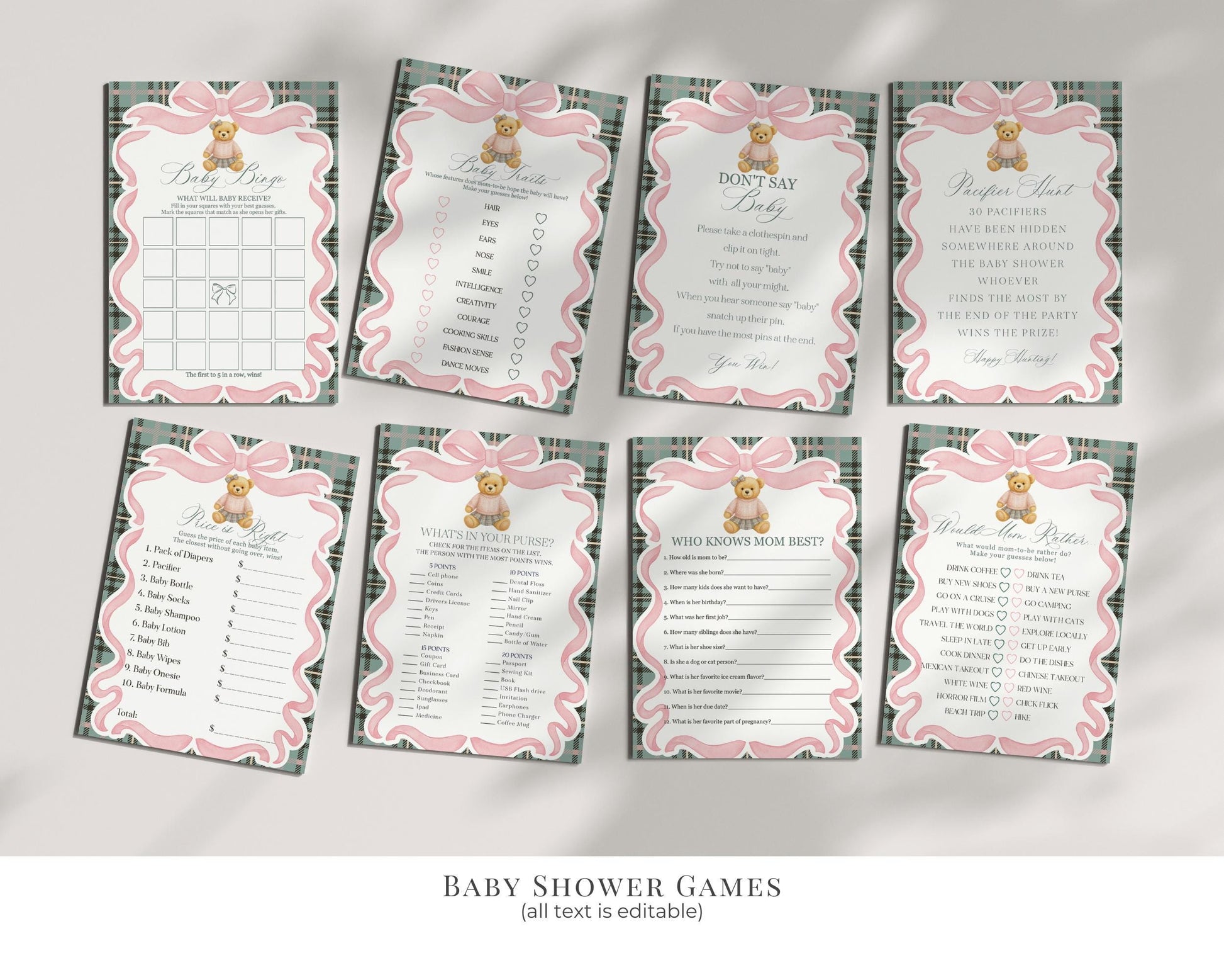 Pink Coquette Bear Girl Baby Shower Bundle Printable Template, We Can Bearly Wait Old Money Baby Sprinkle, Tartan Plaid Coquette Bow WP1081