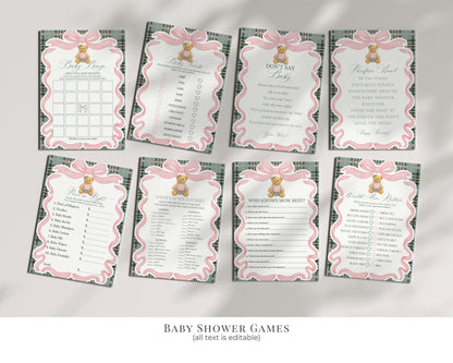 Pink Coquette Bear Girl Baby Shower Bundle Printable Template, We Can Bearly Wait Old Money Baby Sprinkle, Tartan Plaid Coquette Bow WP1081