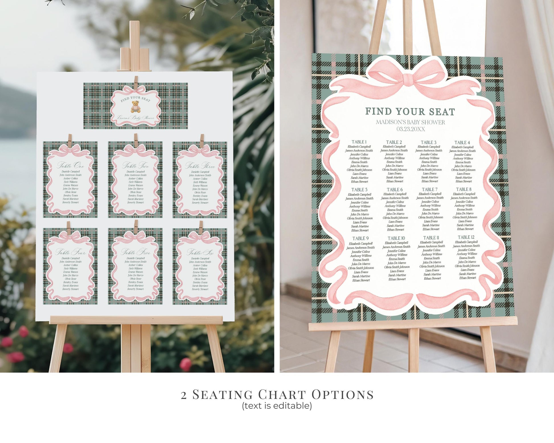 Pink Coquette Bear Girl Baby Shower Bundle Printable Template, We Can Bearly Wait Old Money Baby Sprinkle, Tartan Plaid Coquette Bow WP1081