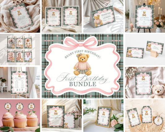 Pink Coquette Bear Girl 1st Birthday Bundle Printable Template, Beary First Birthday Decor, Old Money Tartan Plaid Birthday Party WP1081