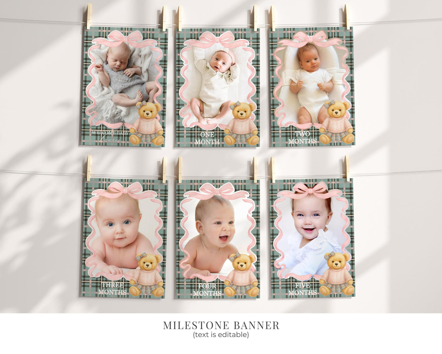 Pink Coquette Bear Girl 1st Birthday Bundle Printable Template, Beary First Birthday Decor, Old Money Tartan Plaid Birthday Party WP1081