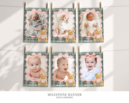 Pink Coquette Bear Girl 1st Birthday Bundle Printable Template, Beary First Birthday Decor, Old Money Tartan Plaid Birthday Party WP1081