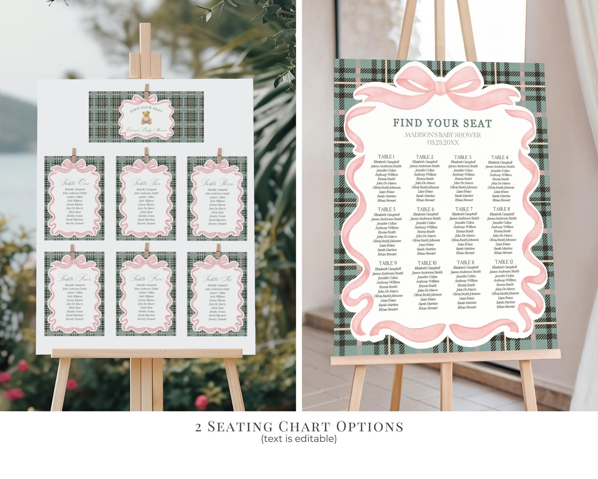 Pink Coquette Bear Girl 1st Birthday Bundle Printable Template, Beary First Birthday Decor, Old Money Tartan Plaid Birthday Party WP1081