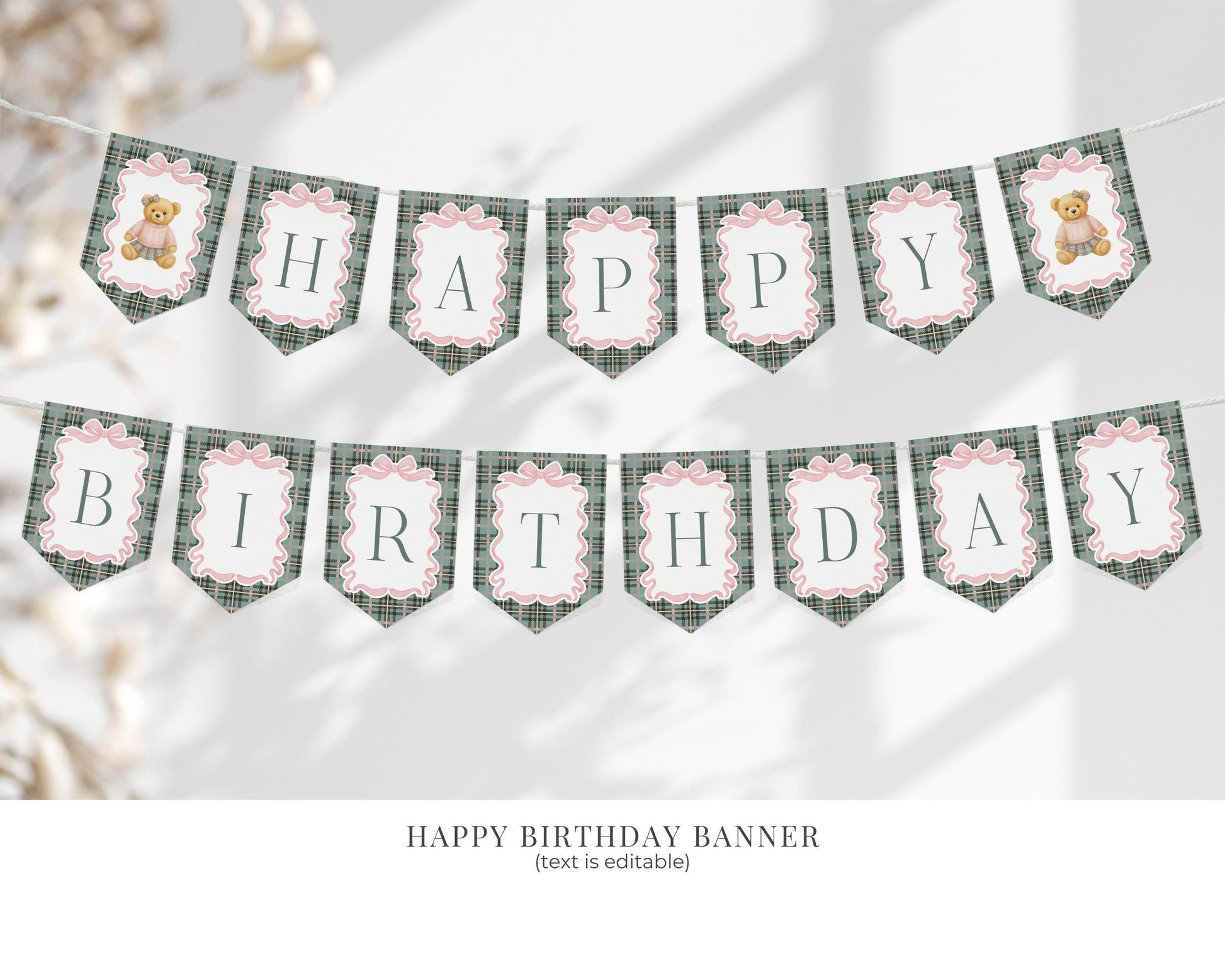 Pink Coquette Bear Girl 1st Birthday Bundle Printable Template, Beary First Birthday Decor, Old Money Tartan Plaid Birthday Party WP1081